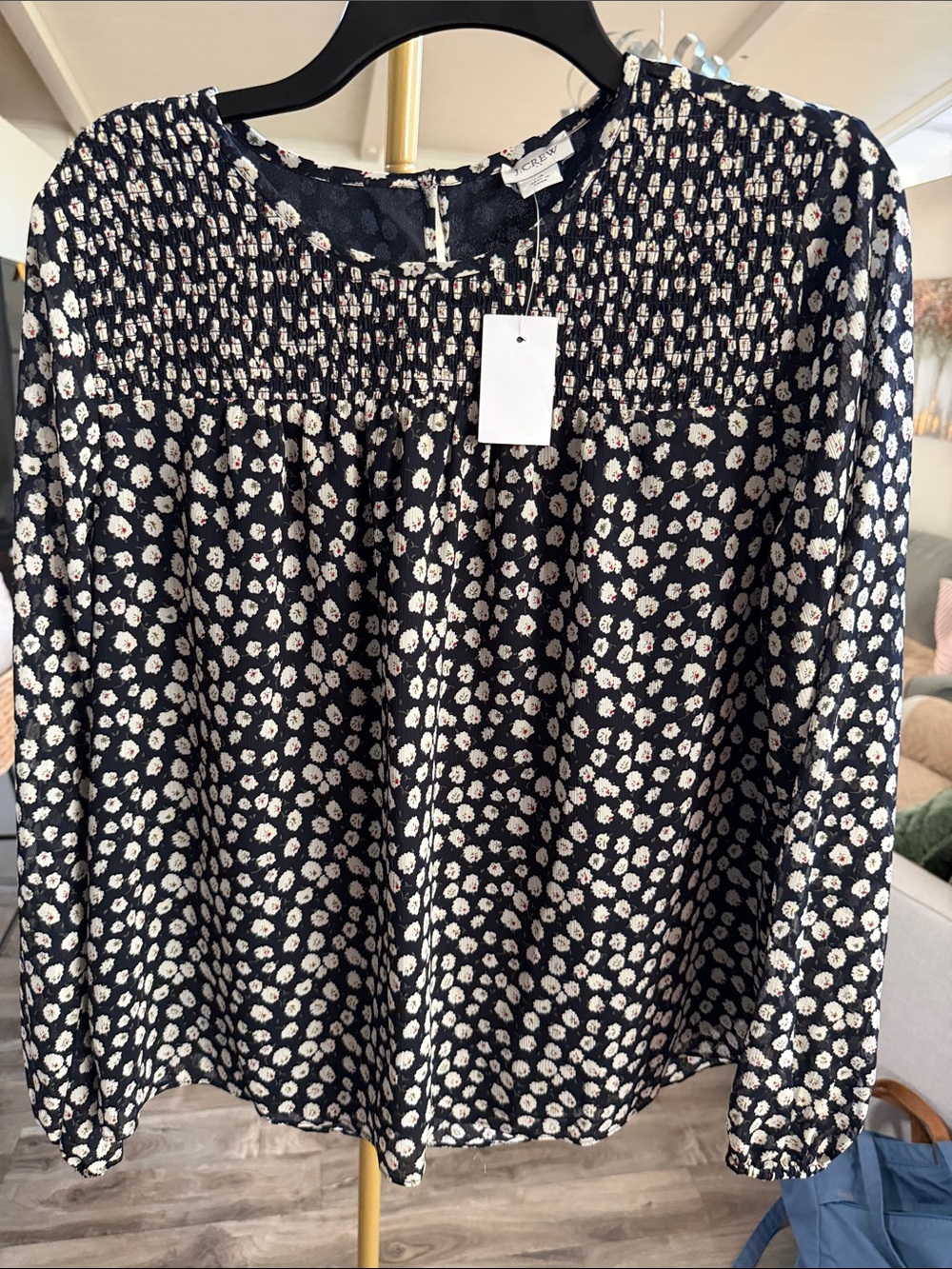 J. Crew Black Blouse with Cream Floral Print